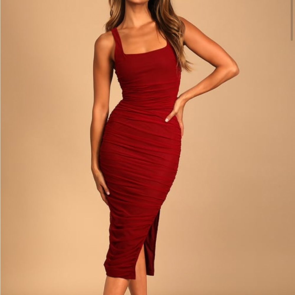 Lulu’s V.I.P Treatment Wine Red Ruched Mesh Midi Dress